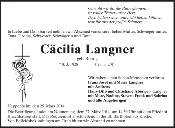 Traueranzeige von Cäcilia Langner von Starkenburger Echo