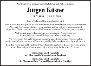 Traueranzeige von Jürgen Küster von Echo-Zeitungen (Gesamtausgabe)