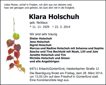 Traueranzeige von Klara Holschuh von Odenwälder Echo