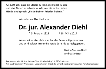Traueranzeige von Alexander Diehl von Echo-Zeitungen (Gesamtausgabe)