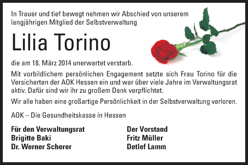  Traueranzeige für Lilia Torino vom 25.03.2014 aus Echo-Zeitungen (Gesamtausgabe)