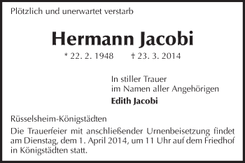 Traueranzeige von Hermann Jacobi von Rüsselsheimer Echo, Groß-Gerauer-Echo, Ried Echo