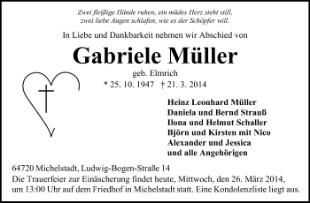 Traueranzeige von Gabriele Müller von Odenwälder Echo