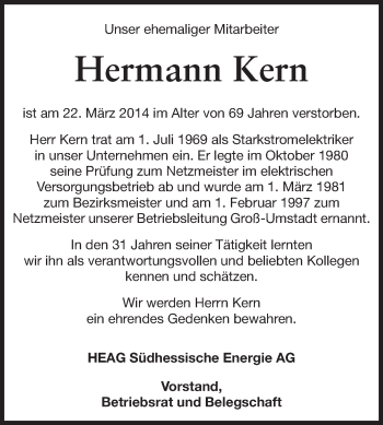 Traueranzeige von Hermann Kern von Echo-Zeitungen (Gesamtausgabe)