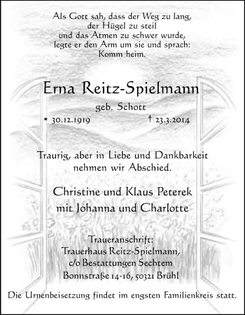 Traueranzeige von Erna  Reitz-Spielmann von Echo-Zeitungen (Gesamtausgabe)