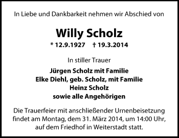 Traueranzeige von Willy Scholz von Echo-Zeitungen (Gesamtausgabe)
