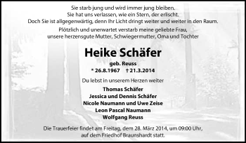 Traueranzeige von Heike Schäfer von Echo-Zeitungen (Gesamtausgabe)