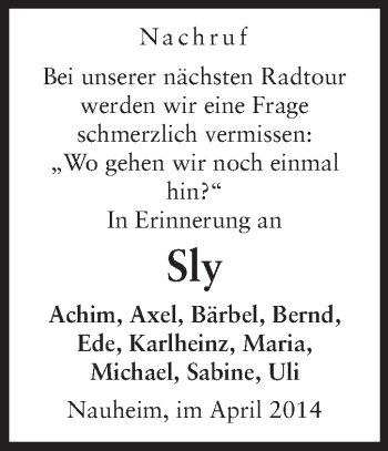 Traueranzeige von Sly  von Rüsselsheimer Echo, Groß-Gerauer-Echo, Ried Echo