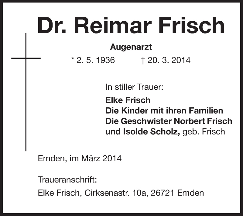  Traueranzeige für Reimar Frisch vom 26.03.2014 aus Odenwälder Echo