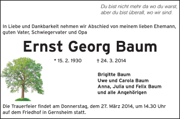 Traueranzeige von Ernst Georg Baum von Rüsselsheimer Echo, Groß-Gerauer-Echo, Ried Echo