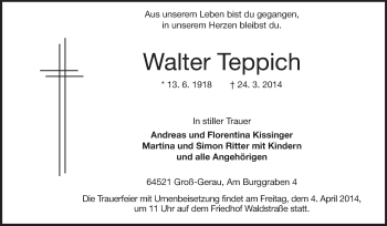 Traueranzeige von Walter Teppich von Rüsselsheimer Echo, Groß-Gerauer-Echo, Ried Echo