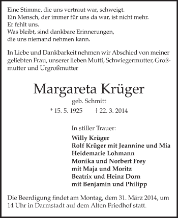 Traueranzeige von Margareta Krüger von Echo-Zeitungen (Gesamtausgabe)