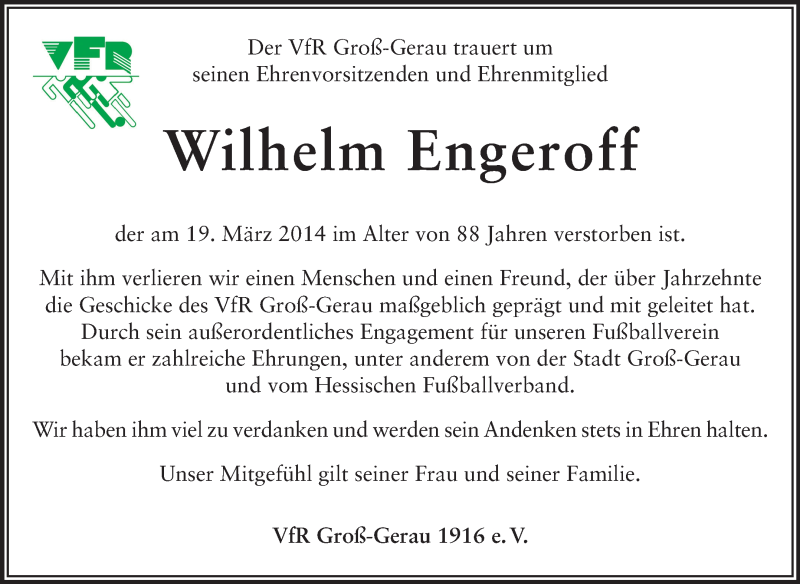  Traueranzeige für Wilhelm Engeroff vom 29.03.2014 aus Rüsselsheimer Echo, Groß-Gerauer-Echo, Ried Echo