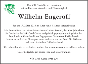 Traueranzeige von Wilhelm Engeroff von Rüsselsheimer Echo, Groß-Gerauer-Echo, Ried Echo