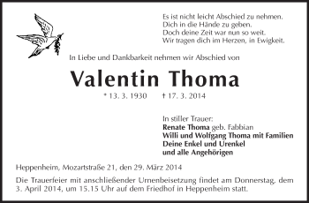 Traueranzeige von Valentin Thoma von Starkenburger Echo