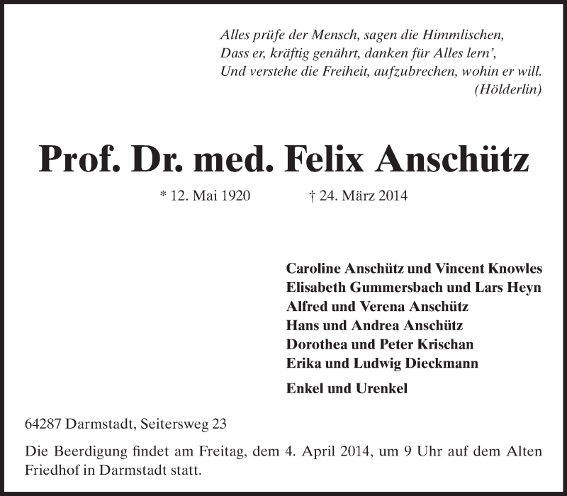  Traueranzeige für Felix Anschütz vom 29.03.2014 aus Echo-Zeitungen (Gesamtausgabe)