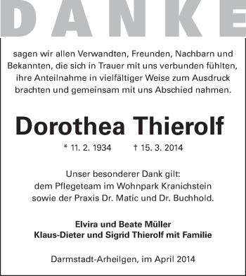 Traueranzeige von Dorothea Thierolf von Echo-Zeitungen (Gesamtausgabe)