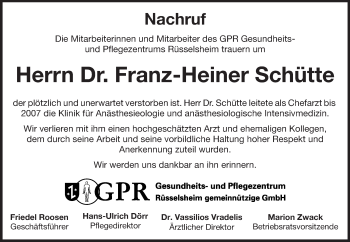 Traueranzeige von FranzHeiner Schütte von Rüsselsheimer Echo, Groß-Gerauer-Echo, Ried Echo