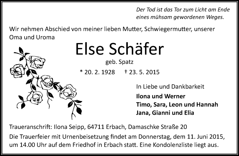  Traueranzeige für Else Schäfer vom 30.05.2015 aus Odenwälder Echo