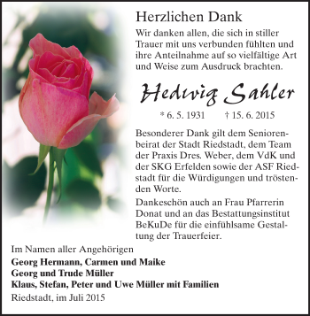 Traueranzeige von Hedwig Sahler von Rüsselsheimer Echo, Groß-Gerauer-Echo, Ried Echo