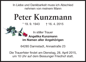Traueranzeige von Peter Kunzmann von Echo-Zeitungen (Gesamtausgabe)