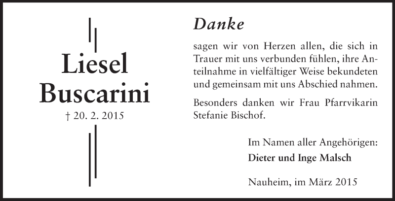  Traueranzeige für Liesel Buscarini vom 21.03.2015 aus Rüsselsheimer Echo, Groß-Gerauer-Echo, Ried Echo
