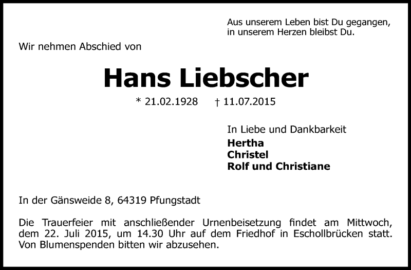  Traueranzeige für Hans Liebscher vom 18.07.2015 aus Echo-Zeitungen (Gesamtausgabe)