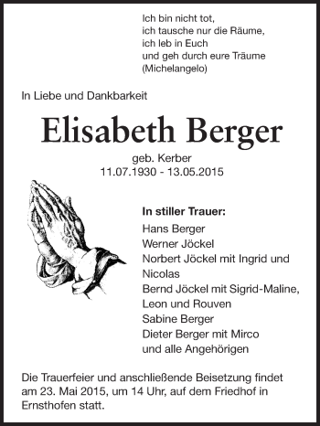 Traueranzeige von Elisabeth Berger von Echo-Zeitungen (Gesamtausgabe)