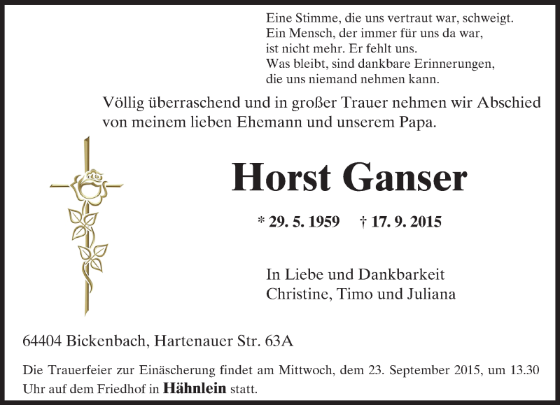  Traueranzeige für Horst Ganser vom 19.09.2015 aus trauer.echo-online.de