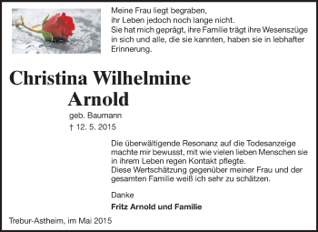 Traueranzeige von Christina Wilhelmine Arnold von Rüsselsheimer Echo, Groß-Gerauer-Echo, Ried Echo