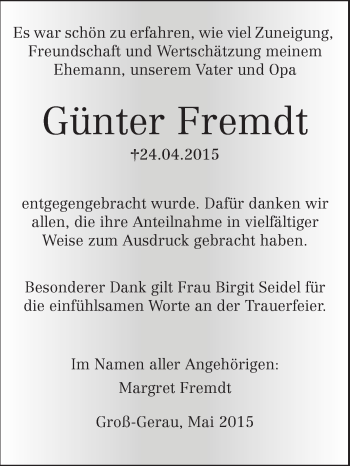 Traueranzeige von Günter Fremdt von Rüsselsheimer Echo, Groß-Gerauer-Echo, Ried Echo