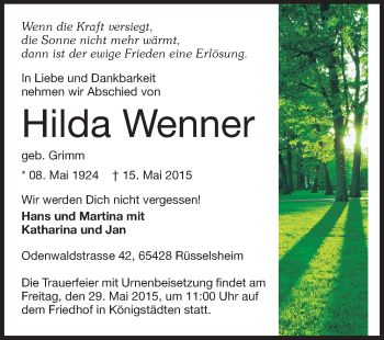 Traueranzeige von Hilda Wenner von Rüsselsheimer Echo, Groß-Gerauer-Echo, Ried Echo