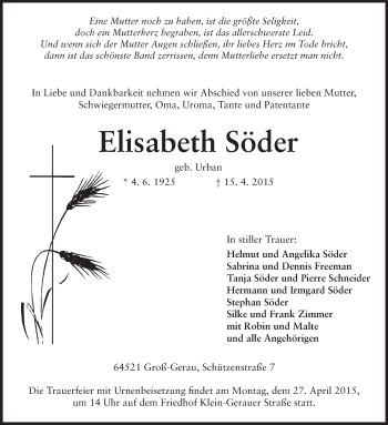 Traueranzeige von Elisabeth Söder von Rüsselsheimer Echo, Groß-Gerauer-Echo, Ried Echo