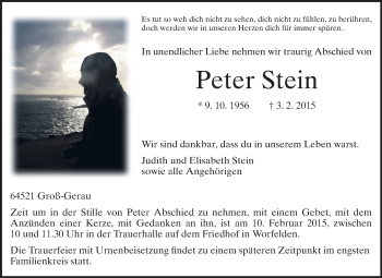 Traueranzeige von Peter Stein von Rüsselsheimer Echo, Groß-Gerauer-Echo, Ried Echo