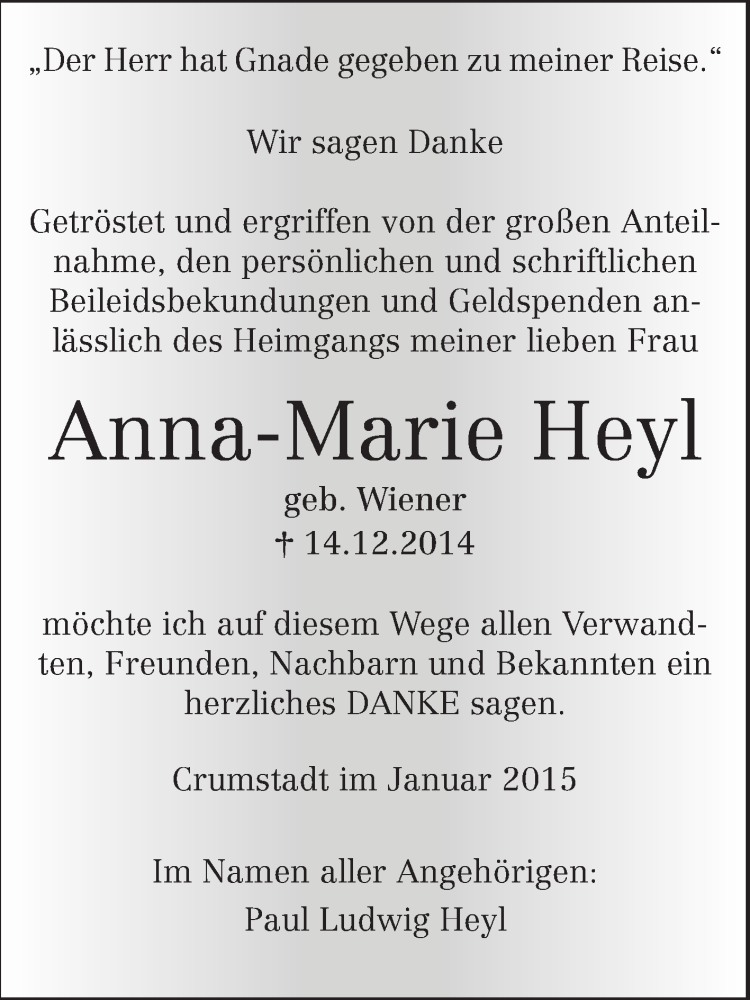  Traueranzeige für Anna-Marie Heyl vom 24.01.2015 aus Rüsselsheimer Echo, Groß-Gerauer-Echo, Ried Echo