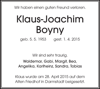 Traueranzeige von Klaus-Joachim Boyny von Echo-Zeitungen (Gesamtausgabe)