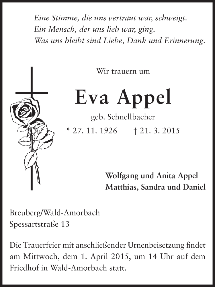  Traueranzeige für Eva Appel vom 27.03.2015 aus Odenwälder Echo