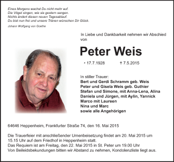 Traueranzeige von Peter Weis von Starkenburger Echo