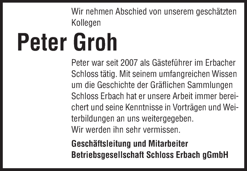  Traueranzeige für Peter Groh vom 22.07.2015 aus Odenwälder Echo
