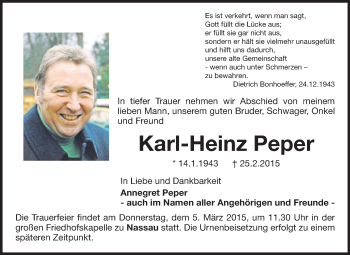 Traueranzeige von Karl-Heinz Peper von Echo-Zeitungen (Gesamtausgabe)