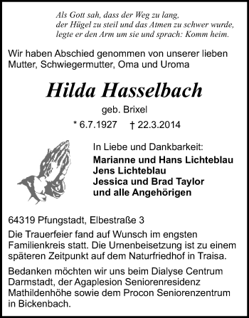 Traueranzeige von Hilda Hasselbach von Echo-Zeitungen (Gesamtausgabe)