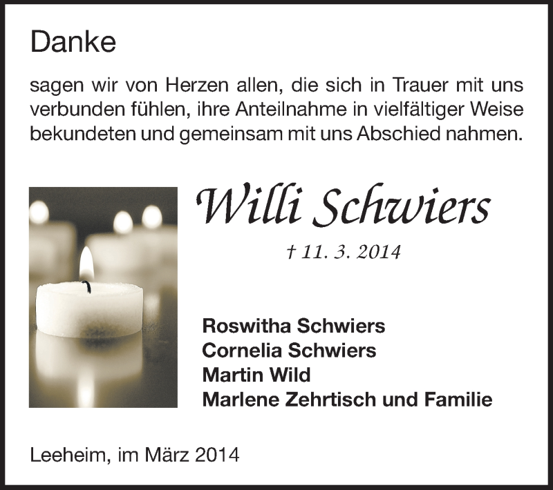  Traueranzeige für Willi Schwiers vom 29.03.2014 aus Rüsselsheimer Echo, Groß-Gerauer-Echo, Ried Echo