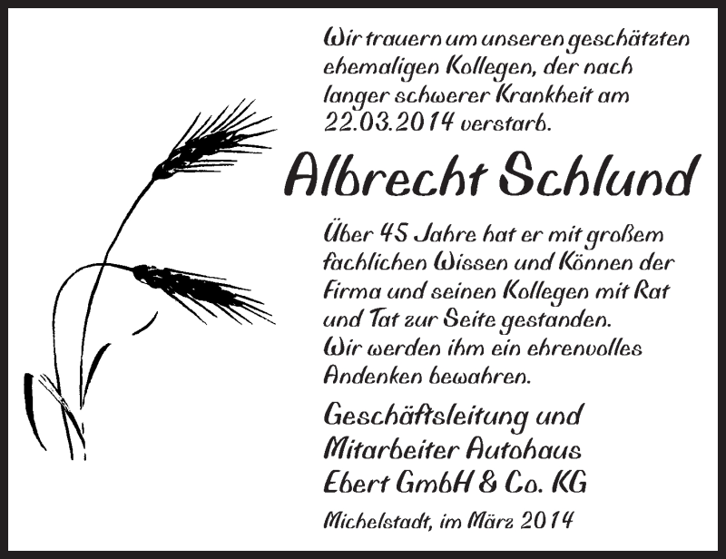  Traueranzeige für Albrecht Schlund vom 29.03.2014 aus Odenwälder Echo