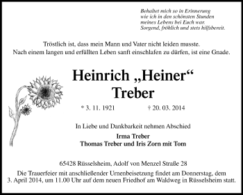 Traueranzeige von Heinrich Treber von Rüsselsheimer Echo, Groß-Gerauer-Echo, Ried Echo