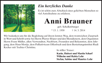 Traueranzeige von Anni Brauner von Echo-Zeitungen (Gesamtausgabe)