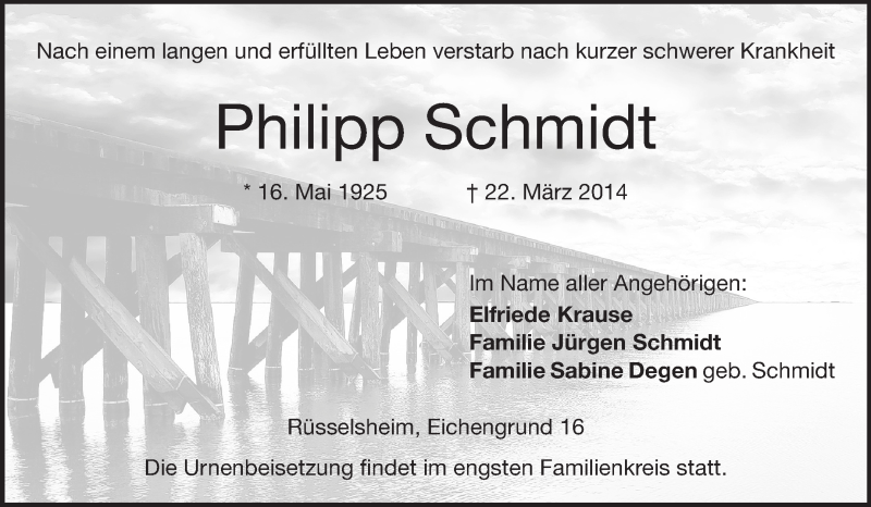  Traueranzeige für Philipp Schmidt vom 29.03.2014 aus Rüsselsheimer Echo, Groß-Gerauer-Echo, Ried Echo