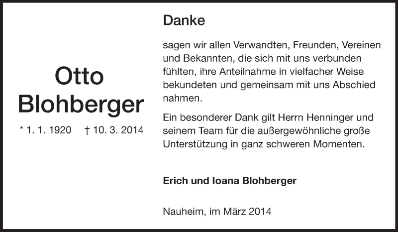  Traueranzeige für Otto Blohberger vom 29.03.2014 aus Rüsselsheimer Echo, Groß-Gerauer-Echo, Ried Echo