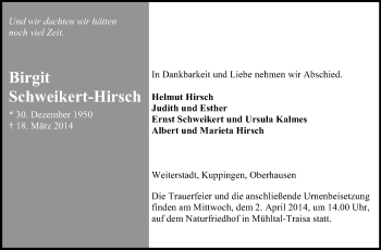 Traueranzeige von Birgit Schweikert-Hirsch von Echo-Zeitungen (Gesamtausgabe)