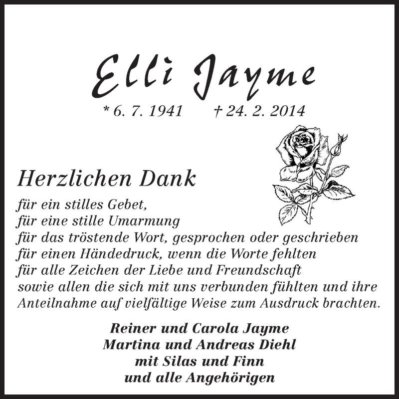 Traueranzeige für Elli Jayme vom 29.03.2014 aus Echo-Zeitungen (Gesamtausgabe)