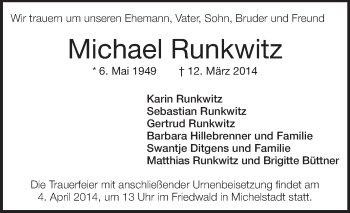 Traueranzeige von Michael Runkwitz von Echo-Zeitungen (Gesamtausgabe)